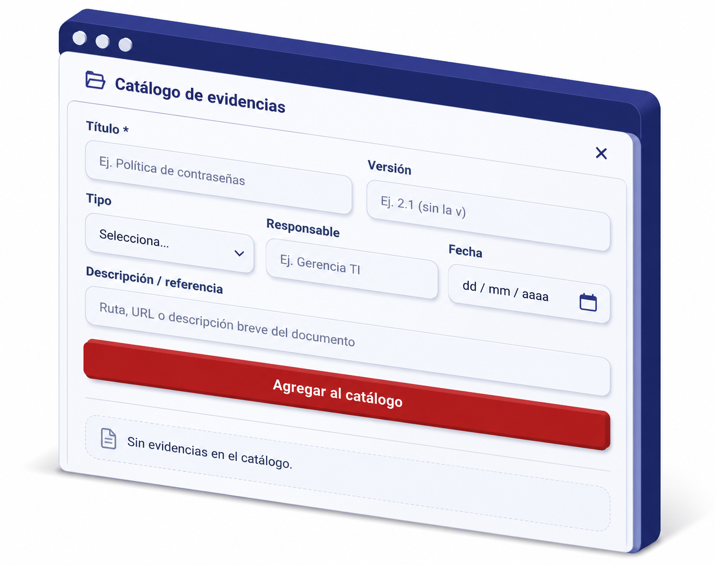 Catálogo de evidencias por auditoría con versión, responsable y enlaces a documentos